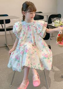 Boutique Apricot Print Patchwork Cotton Kids Girls Dresses Butterfly Sleeve - Height 160cm (13- 15 Years)