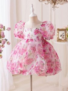 Young Girl Floral Print Square-Neck Puff-Sleeve Fitted Elegant Dress